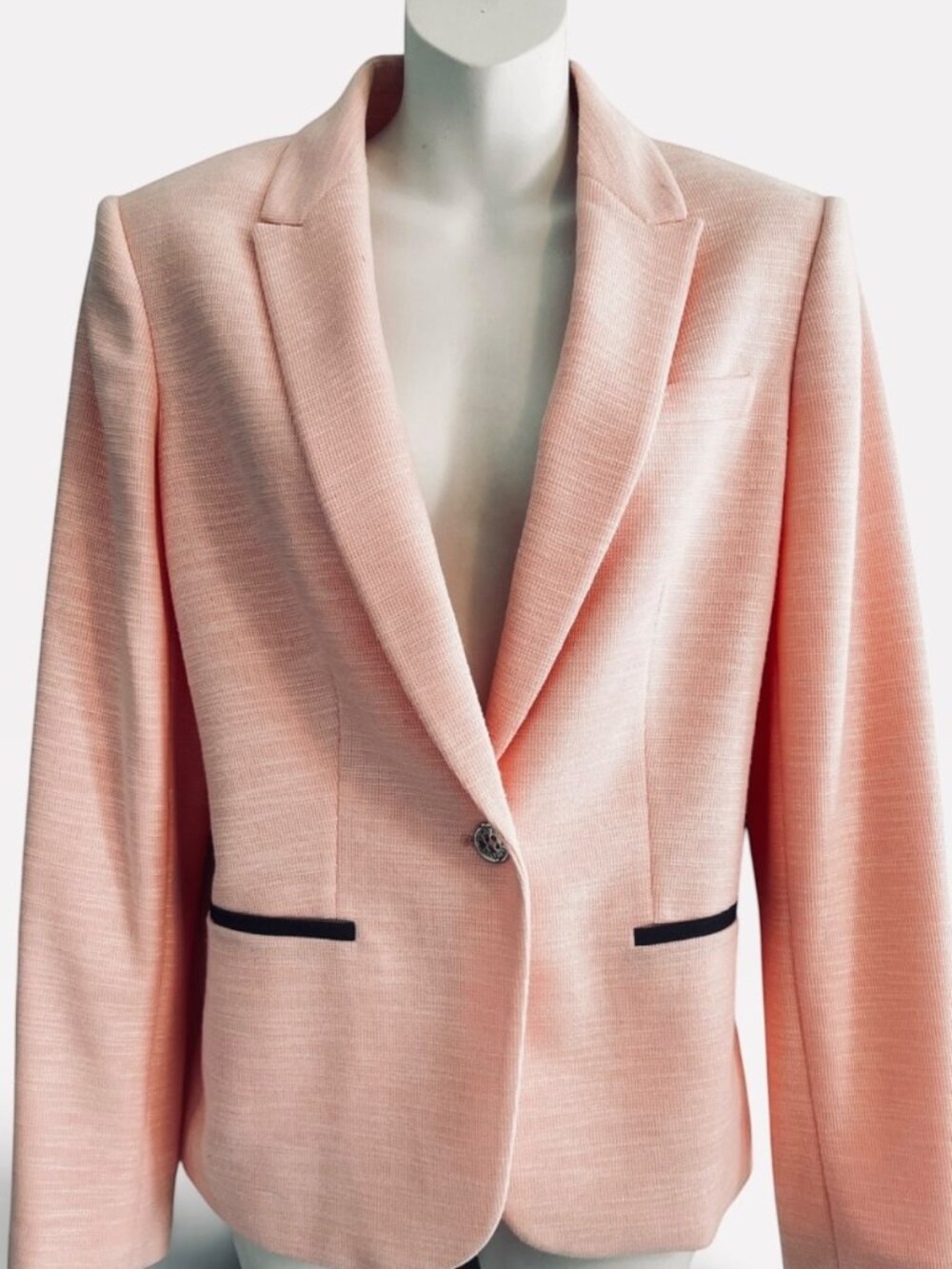 Tommy Hilfiger Pink Tweed Blazer Women's 10 Blue Denim Trim Office, Party, MINT